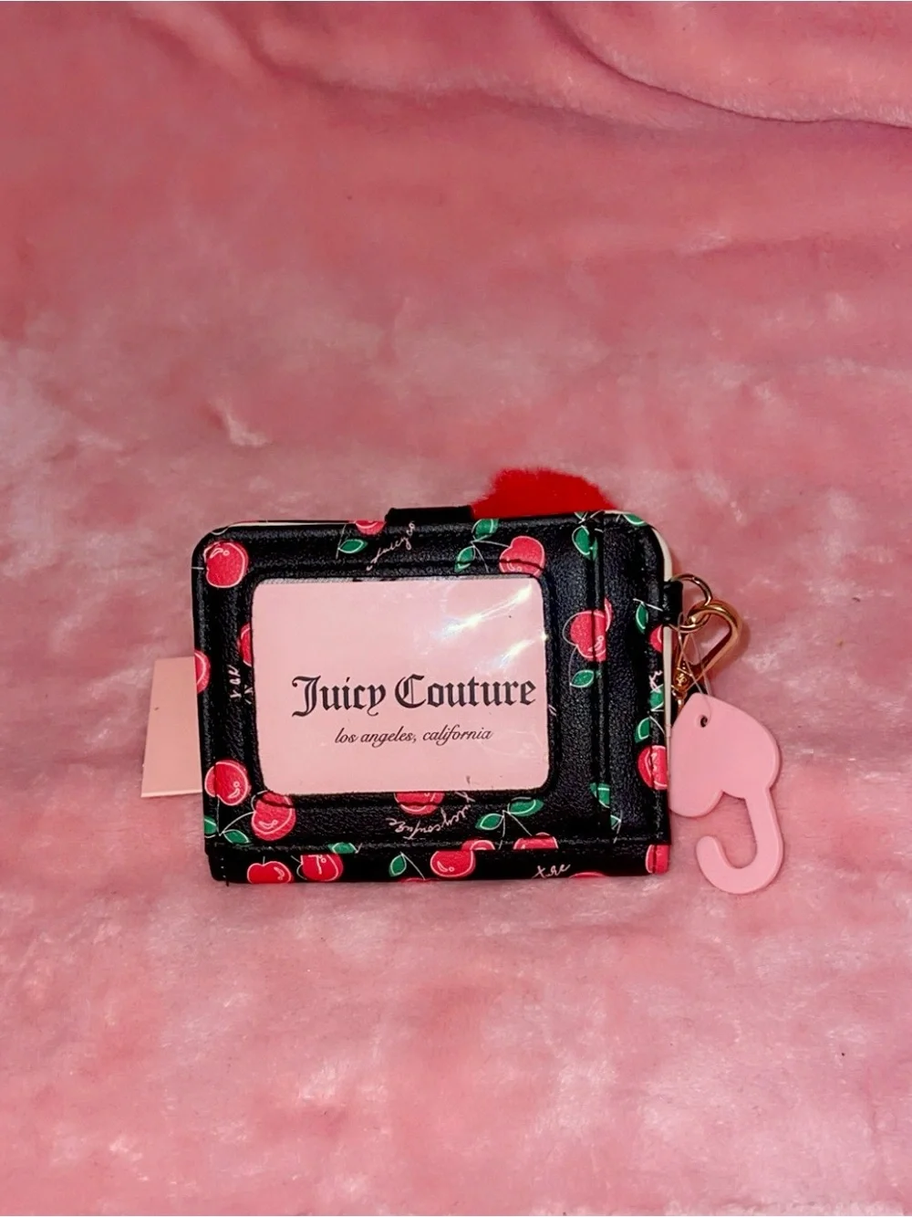 Juicy Couture Black with Red Cherry Print Cardholder with Red Cherry Pom Charm